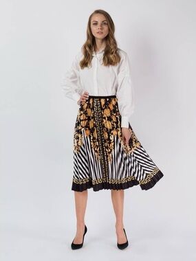 Source Unknown Black & Gold Baroque Fall Pleated Midi Skirt